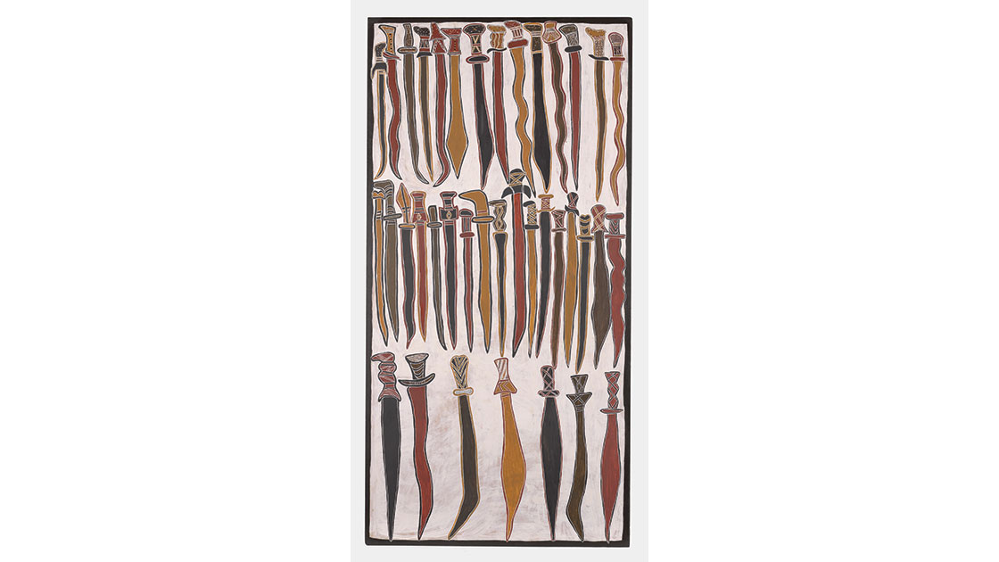 Dhuwarrwarr Marika, Rirratjingu people, Macassan-style swords and long knives, 2021, natural pigments on bark, 132 x 72 cm; Macassan-style swords and long knives, 2021, natural pigments on wood, 240 x 120 cm