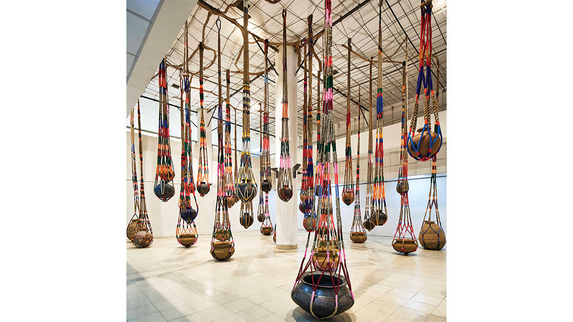 Kamruzzaman Shadhim, Gidree Bawlee Foundation of Arts, The fibrous souls, 2018-21, jute, cotton, thread, clay, brass, installation view at Dhaka Art Summit 2020, commissioned and produced by Samdani Art Foundation, photographed by Randhir Singh