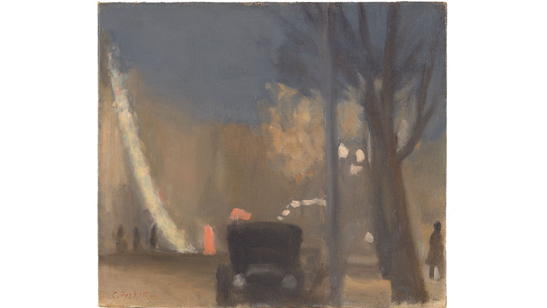Clarice Beckett, "Collins Street, evening," 1931, oil on canvas on cardboard, 35.4 x 40.6 cm, National Gallery of Australia, Canberra, purchased 1971