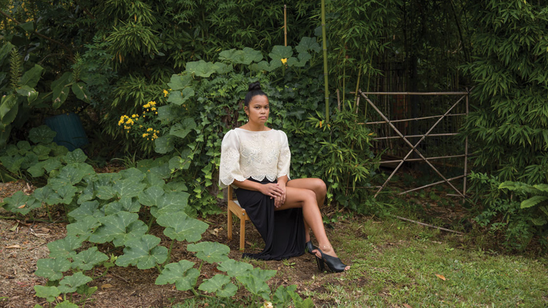 Marikit Santiago in her parents’ backyard, North Rocks, Western Sydney, 2021, photographed by Garry Trinh, courtesy the artist and 4A Centre for Contemporary Asian Art