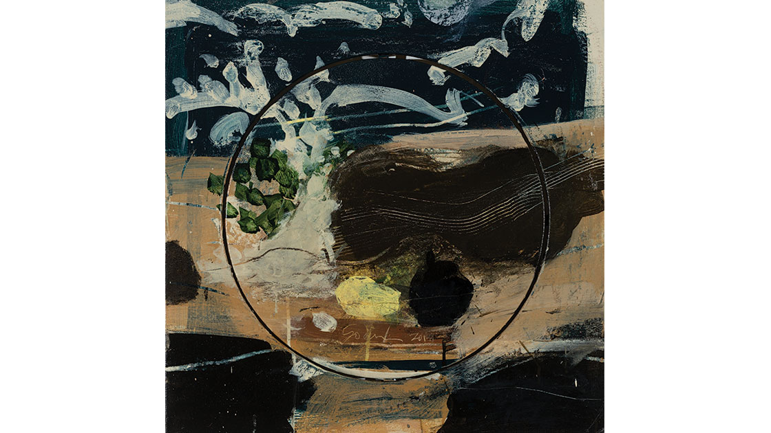 "Harp/Lemon/Black pear and Hokusai Moon," 2019-21, tempera emulsion on hemp on board, 54 x 54 cm, courtesy Defiance Gallery