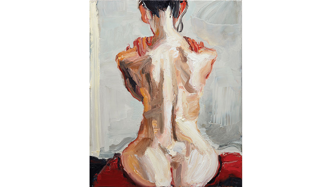 Woman’s back 1, 2020, oil on polyester canvas 56.0 x 46.0 cm, courtesy Jan Murphy Gallery