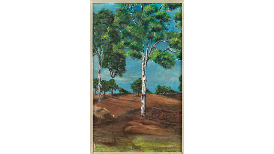 "Untitled landscape,"  c. 1968, oil on board, photo Lyle Branson, courtesy the estate of the artist and Lawrence Wilson Art Gallery.