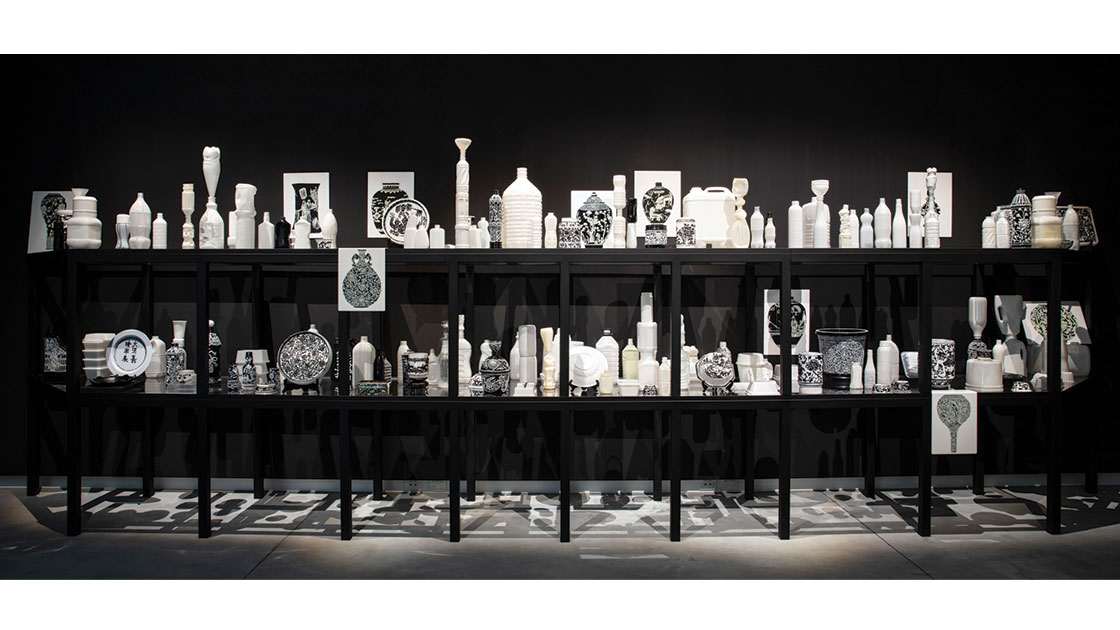 Sarah Goffman, "Black and Whites," 2012-21, PET and other plastics, hot glue, enamel paint, acrylics, Posca marker, wood, ceramic, courtesy Chau Chak Wing Museum